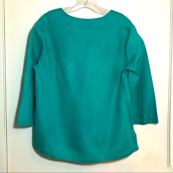 Talbots 100% linen beaded top teal green Sz MP - Picture 2 of 6